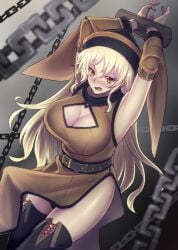 armpits arms_up belt black_hat black_panties blonde_hair bondage boots bound_wrists breasts chains cleavage cleavage_cutout clothing_cutout cuffs detached_sleeves dress female huge_breasts jony_(avion_mura) jony_avion_(artist) long_hair long_sleeves looking_at_viewer okina_matara open_mouth panties thigh_boots thighhighs touhou yellow_eyes