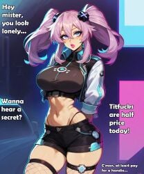 1girls abstract_background ai_art ai_generated caption english_text massive_breasts neptune_(neptunia) neptunia_(series) prostitution saucy_trove solo stable_diffusion tagme text