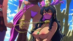 1boy 2girls ai_generated big_breasts captured dark-skinned_female dark_skin duo fantasy female/female large_breasts mouth_veil mullon nameless_character nipples novelai original out_of_frame slave yuri