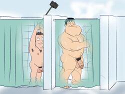 2boys aizenhower american_dad balls biting_lip black_hair brown_hair butt crossover flaccid gay holt_richter male male_only male_pubic_hair naked nipples peeping penis shower showering smile stan_smith the_cleveland_show