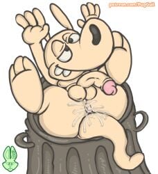 anthro anus ass balls big_butt bodily_fluids cum cum_in_ass cum_inside feet fur genital_fluids genitals guil_bunny_(artist) hi_res humanoid_genitalia humanoid_penis macropod male mammal marsupial nickelodeon nude penis rocko's_modern_life rocko_rama smile solo tail tan_body tan_fur teeth text trash_can url wallaby