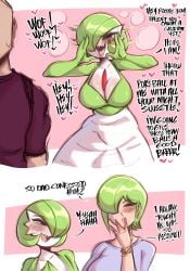 1boy 2girls absurd_res anthro big_breasts black_eyes blush cleavage dialogue english_text eyelashes female female_focus gardevoir generation_3_pokemon heart heavy_blush male narrowed_eyes naughty_face nintendo open_mouth pokemon pokemon_(species) saltyxodium sharp_teeth text tongue_out voluptuous voluptuous_female