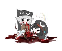 2others :o androgynous animal_ear_headwear animal_ears bad_id bad_twitter_id bare_shoulders beanie black_eyes black_hair black_hat black_sleeves blood blood_in_hair blood_on_clothes blood_on_face blood_on_hands blood_on_tail brown_sweater cabbie_hat cannibalism cat_ears cat_tail chewing chibi clothing_cutout detached_sleeves eating expressive_tail eye_of_horus eyelashes fake_animal_ears frilled_sleeves frills gore green_hakama grey_hair guro hair_between_eyes hakama hakama_short_skirt hakama_skirt hat hat_pin highres holding intestines japanese_clothes len'en long_sleeves looking_at_viewer lying medium_hair multiple_others on_back open_mouth other_focus over-kneehighs pale_skin pool_of_blood rainbow red_footwear rei_(len'en) ringlets sandals short_hair simple_background skirt socks sound_effects stomach_cutout sweater tail thighhighs vest white_background white_socks white_vest wide_sleeves yoiame zelo_(len'en) zouri