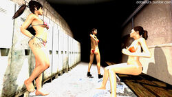 3d 3girls bikini breasts chell crossover dotasluts female lara_croft lara_croft_(survivor) left_4_dead left_4_dead_(series) portal_(series) tomb_raider tomb_raider_(survivor) zoey_(left_4_dead)