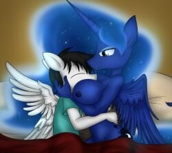 2016 alicorn anthro bed big_breasts black_hair blue_body blue_eyes blue_fur blue_hair breasts closed_eyes cosmic_hair curvy_figure cutie_mark digital_media_(artwork) duo equid equine ethereal_hair eyelashes eyeshadow face_in_breasts female fingers friendship_is_magic fur furniture hair hasbro horn horse hug huge_breasts lying makeup male male/female mammal my_little_pony mythological_creature mythological_equine mythology navel nipples nude on_side pegasus pony princess_luna_(mlp) sandwich-anomaly simple_background smile voluptuous white_body white_fur wings