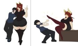 ass big_breasts black_hair blush boyfriend-girlfriend breasts dewwy(dewwydartz) dewwydarts dewwydartz female hand_over_shoulder hourglass_figure humanized maddie(dewwydartz) thick_thighs thigh_highs thighhighs wide_hips yellow_eyes