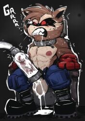 anthro black_boots black_clothing black_footwear boots clothing footwear guardians_of_the_galaxy heffy038 hi_res machine male mammal marvel milking_machine procyonid raccoon rocket_raccoon shoes solo unzipped unzipped_pants zipper