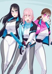 3girls bakuage_sentai_boonboomger black_hair bodysuit brown_hair champion_boonboomger girls gray_eyes nicola_keydoor no_helmet otokam1117 pink_eyes pink_hair saibu_shirabe shifuto_mirai super_sentai