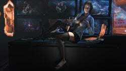 1girls 3d black_hair breasts cleavage female female_only glasses looking_at_viewer mass_effect miranda_lawson partially_clothed serfatboy sitting smile solo stockings tagme