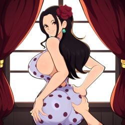 1boy ai_generated ass ass_grab big_ass big_breasts black_hair dat_ass female female_focus huge_ass huge_breasts male mullon novelai one_piece pov that_ass_was_fat thick_lips viola_(one_piece)