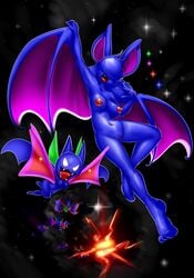 2018 2girls 3_toes :3 action_pose alien ambiguous_gender anthro areolae armpits bangs bangs_(character) bat bat_wings belly big_breasts big_ears black_background blue_fur blue_hair blue_skin breasts clitoris cute detailed_background digital_media_(artwork) elpatrixf empty_eyes erect_nipples explosion fangs featureless_breasts feet female floating flying fur glowing_eyes group hair_over_eyes humanoid_feet looking_at_viewer membranous_wings multiple_girls navel nintendo nipples nude open_mouth open_smile original_character pink_nipples plantigrade pokémon_(species) pokemon pokemon_rgby pose purple_skin pussy raised_arm smile solo_focus space star teeth tongue video_games white_eyes winged_arms wings zubat