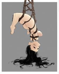 arms_behind_back arms_tied ass big_ass big_breasts black_eyebrows black_hair blush bondage breasts closed_eyes feet hair_on_floor hanging hanging_bondage legs_tied legs_together nipples pinup rope rope_bondage shibari sokamura suspended_in_midair suspension suspension_bondage thick_thighs tied_up