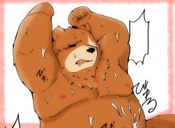 2024 anthro bear belly ben_bigger big_belly blush bodily_fluids cum genital_fluids hi_res kemono male mammal mihoyo moobs nipples open_mouth overweight overweight_male scar simple_background snow_utamaru solo zenless_zone_zero