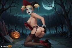 1girls ai_generated anus artist_name ass bare_tree batman:_arkham_knight batman_(series) black_gloves black_lips black_thighhighs blonde_hair blue_eyes breasts dc dc_comics eyeshadow full_body full_moon garter_belt gloves halloween harley_quinn harley_quinn_(classic) hat heterochromia hi_res high_heels injustice_2 jack-o'-lantern kneeling lace-trimmed_legwear lace_trim lipstick looking_at_viewer looking_back makeup medium_breasts moon multicolored_hair night nipples nude outdoors pumpkin pussy red_eyes red_footwear red_gloves red_hair rule34lab solo spread_ass thighhighs tree twintails uncensored witch_hat