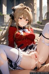 ai_generated amagi_brilliant_park anal_sex anal_sex ariavisions brown_eyes brown_hair cum_in_ass gritted_teeth long_hair ribbon sento_isuzu sidelocks spread_legs sweat