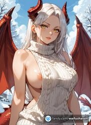 big_body big_boobies big_breasts big_breasts big_breasts breasts breasts breasts breasts c_cup castle cc_cup d_cup dd_cup dragon_girl drgon female female horns killer long_hair medieval nude silver_hairt solo sweater viewer_pov virgin virgin_killer virgin_killer_sweater white_hair yellow_eyes young