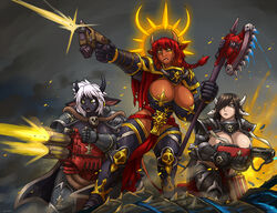 3girls adepta_sororitas armor black_hair black_skin bolter bovine breasts brown_eyes cleavage corruption_of_champions cow_ears cow_girl crossover dark-skinned_female dark_skin excellia_(corruption_of_champions) female female_only gun hair_over_one_eye horns huge_breasts imperium_of_man link2004 minotaur monster_girl multiple_girls power_armor purity_seal red_hair sister_of_battle text warhammer_(franchise) warhammer_40k watermark weapon white_hair yellow_eyes