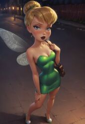 ai_generated blonde_hair blue_eyes blush bun cleavage dating disney eyelashes eyeshadow fairy fairyfella_(ai_generator) female from_above green_dress hairtie high_heels lipstick looking_at_viewer makeup medium_breasts night outdoors parted_lips peter_pan_(disney) pointy_ears purse shoes short_dress strapless_dress street thighs tight_dress tinker_bell touching_leg touching_self touching_thigh wings