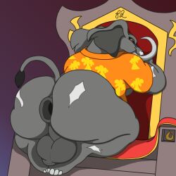 anthro anus ass backsack balls balls_on_feet big_anus big_balls big_butt big_ears black_sclera bottomless chair clothed clothing darkened_genitalia elephant elephantid floppy_ears furniture genitals grey_body hi_res huge_butt looking_at_viewer looking_back loxodont male mammal open_clothing open_shirt open_topwear orange_clothing orange_eyes orange_shirt orange_topwear perineum presenting presenting_hindquarters proboscidean rivals_of_aether scar shirt sitting small_tail solo tail throne topwear tusks waniiime
