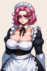 abs ai_generated alternate_muscle_size bags_under_eyes biceps big_eyes bodybuilder broad_shoulders cleavage collarbone cute enmaided female frills groin_tendon large_breasts maid maid_dress maid_headdress maid_outfit maid_uniform medium_hair muscular muscular_female neck_ribbon obliques oc original_character pale_skin pectorals pink_hair purple_eyes ribbon serious simple_background skindentation sleep_deprived sleepiness solid_background t-shirt toned toned_female triceps upper_body v-taper vector_trace victorian_maid white_background wide_hips