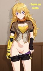 ai_generated blonde_hair flashing_pussy lonelylady outie_pussy panties_down pubic_hair purple_eyes rwby shorts_down smiling yang_xiao_long