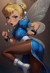 ai_generated angry ass blonde_hair blue_eyes blush boots capcom chun-li_(cosplay) disney double_bun earrings eyelashes fairy fairyfella_(ai_generator) female kicking leotard_peek lips looking_at_viewer looking_back open_mouth pantyhose peter_pan_(disney) pointy_ears qipao spiked_bracelet street_fighter tinker_bell wings