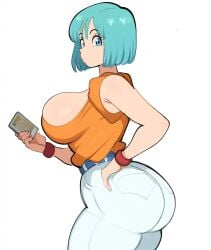 1girls ai_generated ass big_breasts blue_hair bottom_heavy bulma_briefs cleavage dragon_ball dragon_ball_z female huge_breasts mature_female milf mullon novelai thick_thighs top_heavy wide_hips