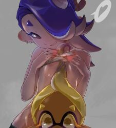 2girls alternate_breast_size between_breasts blue_hair breasts erect_nipples erect_nipples_under_clothes female female_focus female_only frye_(splatoon) hair_over_one_eye light-skinned_female nintendo octoling red_eyes shiver_(splatoon) short_hair splatoon splatoon_3 tentacle_hair yellow_hair