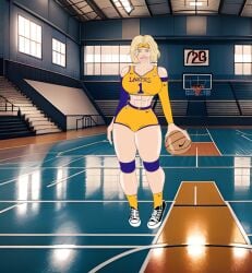 abs basketball basketball_court basketball_jersey basketball_uniform big_breasts blonde_female chuckshentai converse headband knee_pads los_angeles_lakers sneakers thick_thighs