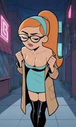 ai_generated ass bigmic145 blue_eyes breasts coat danny_phantom dress female glasses hair_band jazz_fenton medium_breasts nickelodeon nude orange_hair ponytail sex sexually_suggestive stripping thigh_boots