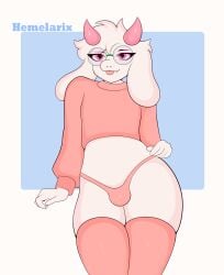 anthro bovid bulge caprine clothed clothing deltarune digital_media_(artwork) eyewear femboy fur glasses goat hair hemelarix hi_res hoodie horn legwear looking_at_viewer male male_only mammal panties ralsei simple_background smile solo stockings tail thigh_highs tongue tongue_out topwear tuft undertale_(series) underwear white_body white_fur