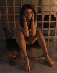 3d 3d_render ankle_cuffs bondage bound bound_hands brown_hair chains eyeshadow female female_only femsub hairless_pussy handcuffs katzenauge1 makeup mascara metal_cuffs png pubic_tattoo tattoo