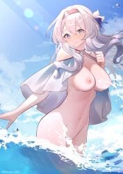 absurdres beach black_hairband blush breasts closed_mouth cowboy_shot elanore female firefly_(honkai:_star_rail) grey_hair hair_between_eyes hair_ornament hairband highres honkai:_star_rail honkai_(series) large_breasts long_hair looking_at_viewer navel nipples standing stomach two-tone_eyes wading water