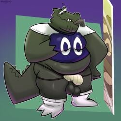 2024 alligator alligatorid anthro ball_slip balls belly bulge clothed clothing crocodilian denilsexo digital_media_(artwork) facial_hair footwear genitals hi_res jersey jockstrap later_alligator male mature_anthro mature_male mirror moustache overweight overweight_anthro overweight_male partially_clothed pillowfight reptile scalie simple_background smallbu socks solo tail thick_thighs two_ton_tony underwear wardrobe_malfunction