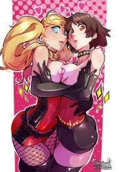 2girls ann_takamaki ass black_gloves blonde_hair blue_eyes blush breast-to-breast breast_press breasts brown_hair choker clothing collar elbow_gloves embracing female fishnets gloves haysey_draws heart high_resolution hug large_breasts large_filesize legwear long_hair looking_at_viewer makoto_niijima multiple_girls niijima_makoto nipples open_mouth pantyhose persona persona_5 red_eyes saliva saliva_trail short_hair symbol-shaped_pupils symmetrical_docking takamaki_anne thighhighs tied_hair tongue topless twintails very_high_resolution yuri