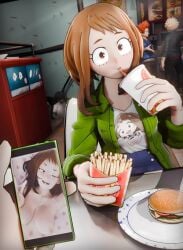 andelx brown_eyes brown_hair cum cum_on_body cum_on_breasts cum_on_face drinking eijirou_kirishima food katsuki_bakugou looking_at_viewer medium_breasts medium_hair my_hero_academia ochako_uraraka on_back on_bed peace_sign phone recording smile xelandis