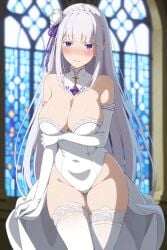 ai_generated big_breasts dressed emilia_(re:zero) enormous_breasts female_only long_hair re:zero_kara_hajimeru_isekai_seikatsu wedding_dress white_hair wife