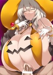 big_breasts bikini blush breasts breasts_bigger_than_head closed_eyes closed_mouth cum cum_on_breasts eyebrows_visible_through_hair gigantic_breasts gloves grey_hair halloween huge_breasts large_breasts long_hair massive_breasts mature mature_female milf paizuri pumpkin sakurai_shinichi skimpy_clothes smile tattoo titjob titjob tsukasawa_takamatsu uzaki-chan_wa_asobitai! uzaki_tsuki voluptuous white_gloves witch_hat