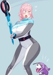 1girls alluring bakuage_sentai_boonboomger blue_eyes bodysuit canine hashiriken holding holding_weapon nicola_keydoor no_headwear pink_hair robot_animal robot_dog super_sentai sword tiara weapon