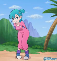 1girls animated animated_gif artist_signature ass ass_visible_through_thighs bare_ass blue_eyes blue_hair bottomless bouncing_breasts breast_jiggle breasts bulma's_panty_flash bulma_briefs canonical_scene clavicle curvy cute detailed_background dragon_ball dragon_ball_(classic) dress dress_lift exhibitionism exhibitionist exposed exposed_ass exposed_pussy exposing exposure female female_only flashing fluid_animation gif hairless_pussy hourglass_figure jiggle jiggling large_breasts nightgown nightgown_lift no_panties open_mouth palm_tree perky_breasts presenting presenting_pussy public public_exposure public_nudity pussy seaside shaved_pussy shoes shounen_jump showing showing_off skirt skirt_lift sky slutty_teenager solo standing teenage_bulma teenage_girl teenager the_other_half vagina vulva