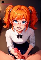 2boys ai_generated blush braces embarrassed faceless_male femboy flat_chested glasses handjob ilfb looking_at_partner looking_at_viewer looking_up male male_pov orange_eyes orange_hair petite petite_body pov pov_eye_contact school_uniform shy trap twintails