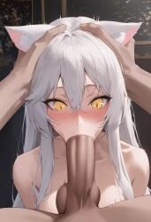 ai_generated androgynous cat_ears cat_tail catgirl deepthroat face_fucking facefuck gagging holding_head original_character throat_bulge throat_swabbing white_hair yellow_eyes