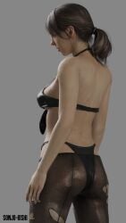 3d back_view bikini black_bikini brown_hair metal_gear_solid metal_gear_solid_v pantyhose ponytail quiet_(metal_gear) sonjo-kishi swimsuit torn_pantyhose