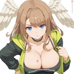 1girls big_breasts black_jacket blue_eyes bra breast_tattoo breasts brown_hair busty cleavage closed_mouth eunie_(xenoblade) female female_only green_jacket hands_on_hips head_wings hood hood_down hooded_jacket jacket large_breasts long_hair looking_at_viewer multicolored_clothes multicolored_jacket smile solo tattoo toned two-tone_jacket white_background white_wings wings xenoblade_(series) xenoblade_chronicles_3 zelc-face