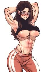 abs blush brown_hair female glasses muscular_female smile underboob