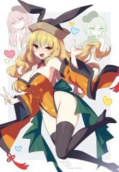 3girls alternate_costume black_footwear black_hat blonde_hair blush boots choker cleavage dress fake_animal_ears kozakura_(dictionary) large_breasts long_hair looking_at_another looking_at_viewer nishida_satono okina_matara playboy_bunny smile teireida_mai thigh_boots touhou yellow_eyes