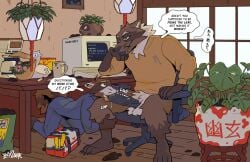 aged_up anthro beverage bodily_fluids bottomless canid canine chair clothed clothing coffee computer coveralls detailed_background dialogue duo electronics english_text furniture green_eyes hi_res japanese_text jumpsuit kneeling male male/male mammal office_chair onomatopoeia oral oral_penetration partially_clothed penetration penile penile_penetration plant raccoon_dog saliva sitting sound_effects speech_bubble tanuki text tongue tongue_out toolkit topwear topwear_only under_the_table yeenstank