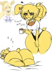 angry ass baggy_eyes coffee_cup five_nights_in_anime fnia giygal grumpy pissed_off spring_bonnie springtrap_(fnia) thighs tired