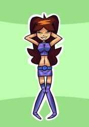 belly belt bent_legs breasts dark_hair dc_comics female female_focus female_only fully_clothed hands_behind_head legs long_hair miniskirt purple_clothing red_hair skinny_female skinny_girl skirt smiling smiling_at_viewer solo_female starfire tan_body tight_clothing