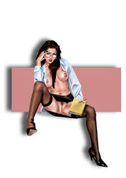 blouse breasts brown_hair business_woman dark_eyes dress_shirt garvgraphx glasses high_heels miniskirt nipples notebook office office_lady open_shirt pencil_skirt pussy red_lipstick secretary sitting skirt stockings upskirt white_blouse white_shirt